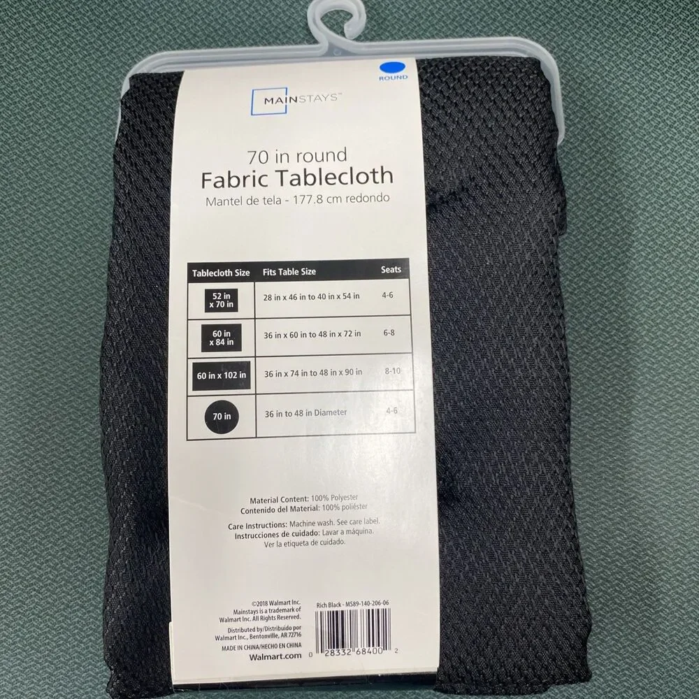 Mainstays Rich Black Tablecloth 70” Round Polyester Easy Care NEW